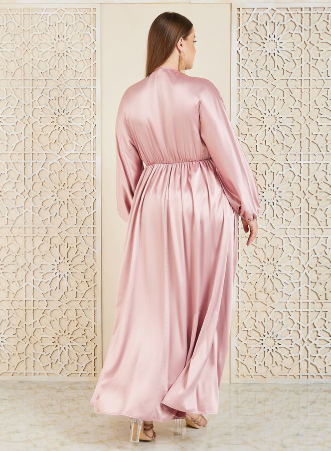 Styli Plus Satin Gathered Detail A-Line Maxi Dress - Image 4