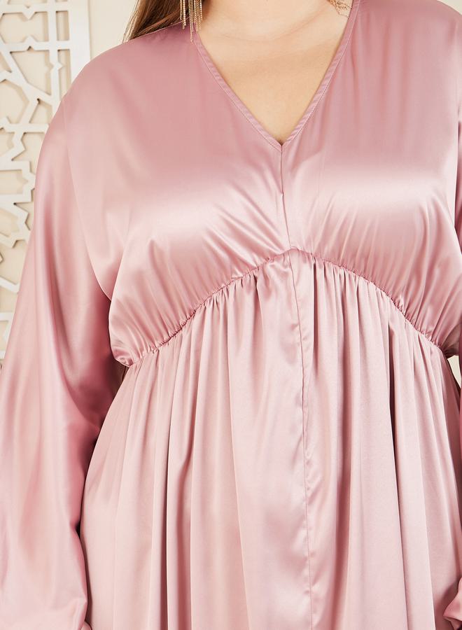 Styli Plus Satin Gathered Detail A-Line Maxi Dress - Image 3