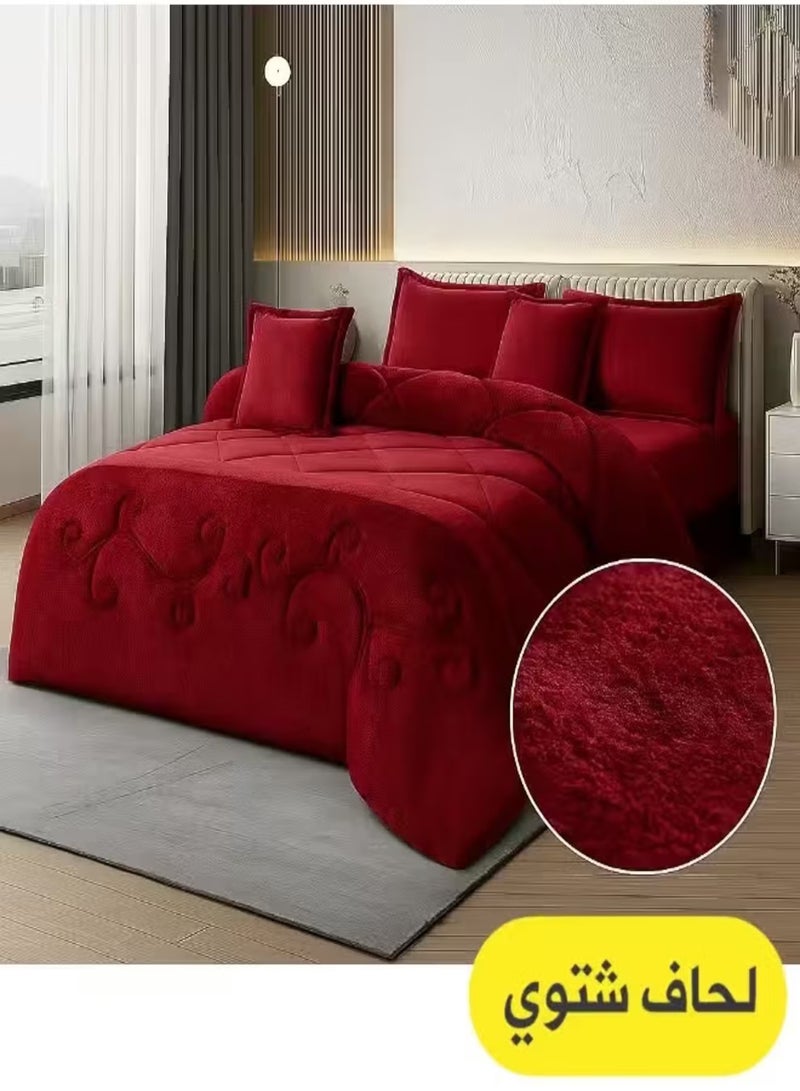مينج لي مفرش شتوي نفرين نظام وجهين وجه مخمل وجه فرو - طقم مفارش 6 قطع ( 1 لحاف + 1 وشرشف مطاطي + 4 أغطية وسائد ديكورية ) يناسب سرير مقاس 200x200 سم - Image 1