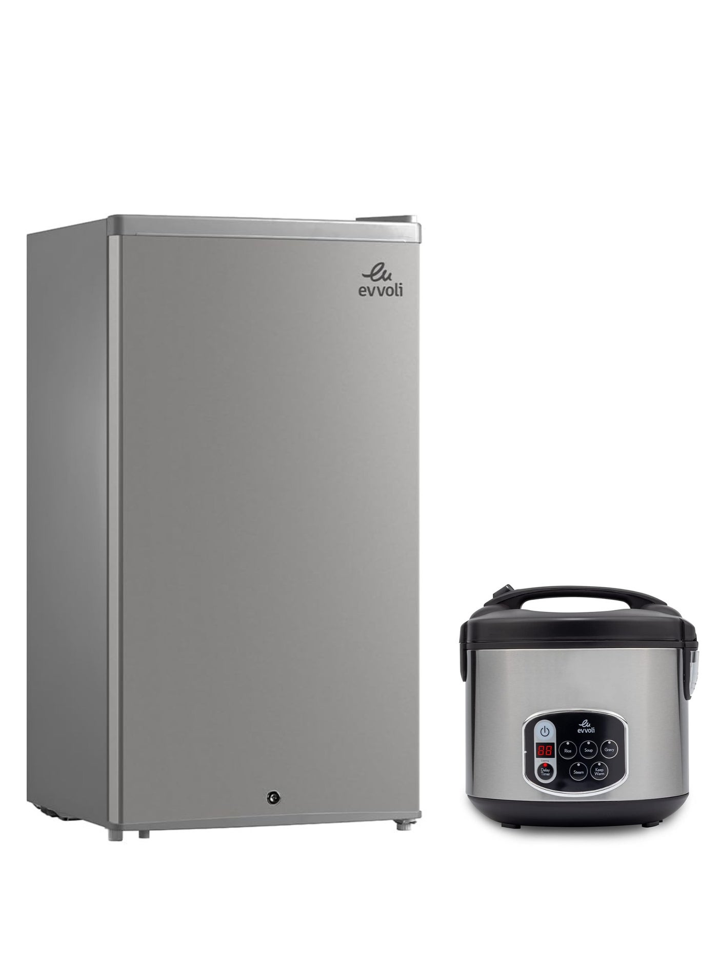 Mini Fridge, 90 Liters, Mechanical Control, Recessed Handle And Rice Cooker, 1.8L, Multi-functional, Non Stick 650W Bundle 72 W EVRFM-90LS + EVKA-RC5005B Silver