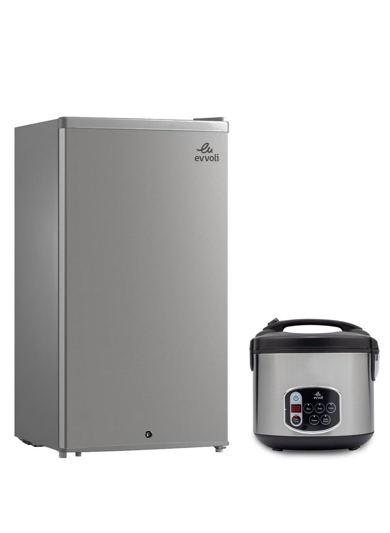 evvoli Mini Fridge, 90 Liters, Mechanical Control, Recessed Handle And Rice Cooker, 1.8L, Multi-functional, Non Stick 650W Bundle 72 W EVRFM-90LS + EVKA-RC5005B Silver - Image 1