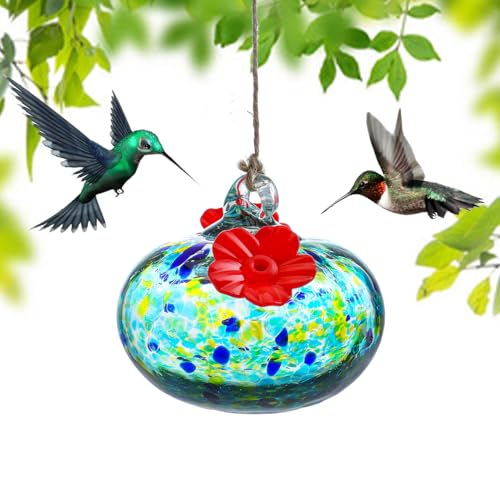 KRISININE 33OZ Glass Hummingbird Feeder with 2 Feeding Ports 3inch Blown Glass Hummingbird Feeder for Outdoors Hanging Garden Patio Decoration Uniques Gifts for Women - Image 1