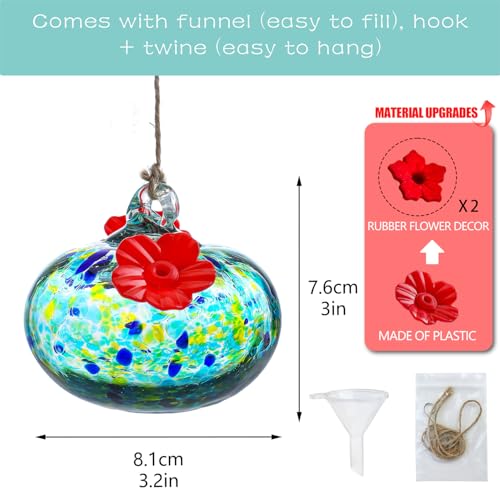 KRISININE 33OZ Glass Hummingbird Feeder with 2 Feeding Ports 3inch Blown Glass Hummingbird Feeder for Outdoors Hanging Garden Patio Decoration Uniques Gifts for Women - Image 3