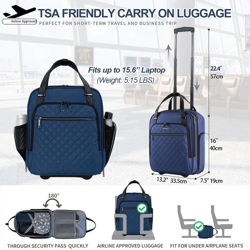 EMPSIGN Underseat Carry On Wheeled - 16" Carry on Bag with Wheels Multi-functional Lightweight Rolling Bag Overnight Weekender Small Suitcase for Women Men Travel Business, Haze Blue - Image 2