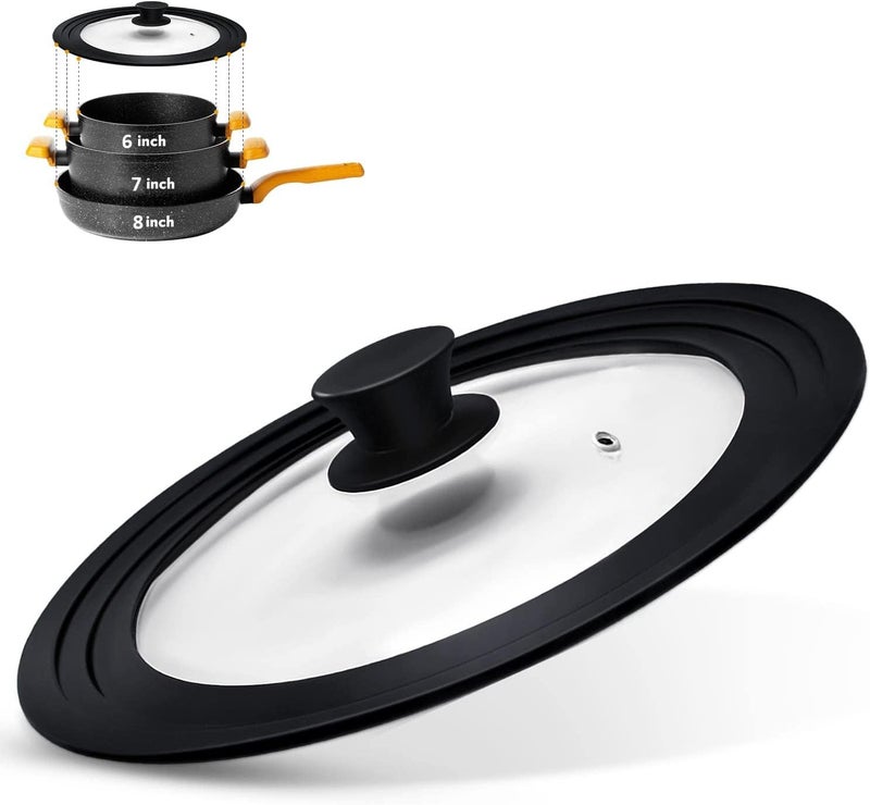 ZEMANIA Universal Pan Lid, Heat-Resistant Tempered Glass, Fits 16/18/20cm Diameter Cookware, Black, Silicone Rubber, Dishwasher Safe - Image 1