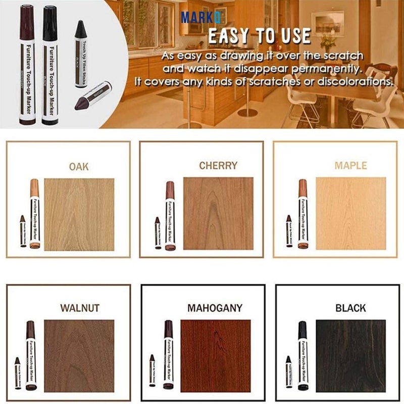 MARKQ طقم إصلاح الأثاث علامات خشبية متعددة الألوان | 6 علامات خشبية، 6 أعواد شمع ومبراة | تغطي الخدوش، البقع والتعديلات على الأرضيات الخشبية، الخزائن، الطاولات، المكاتب وغيرها من الأسطح الخشبية - Image 3