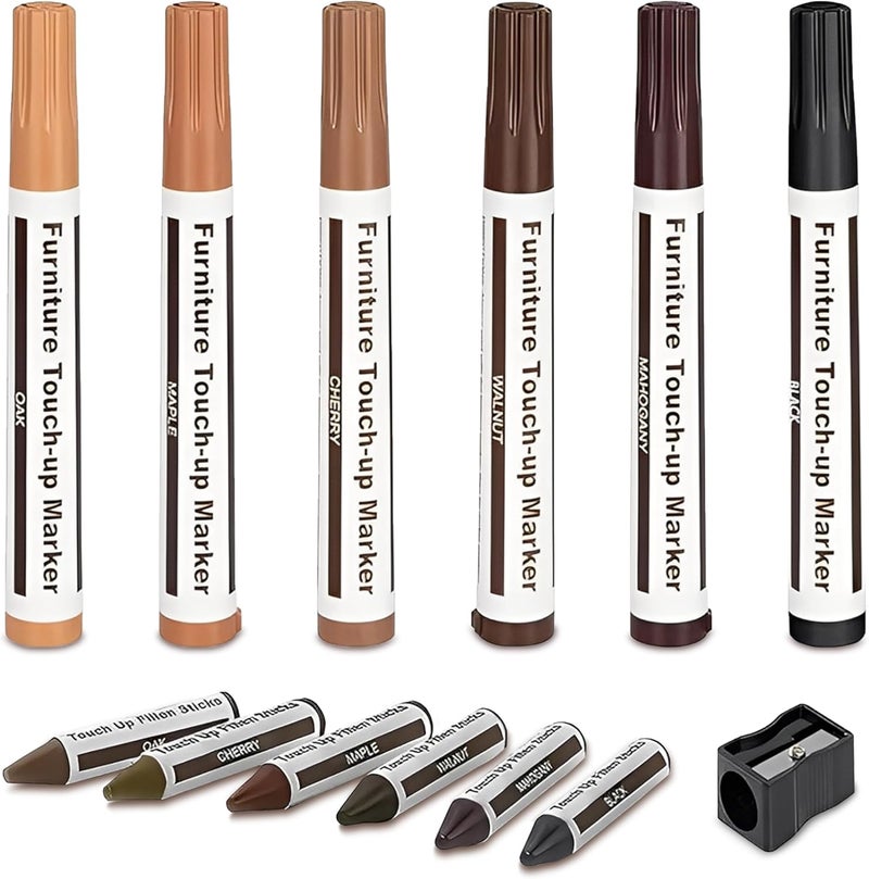 MARKQ طقم إصلاح الأثاث علامات خشبية متعددة الألوان | 6 علامات خشبية، 6 أعواد شمع ومبراة | تغطي الخدوش، البقع والتعديلات على الأرضيات الخشبية، الخزائن، الطاولات، المكاتب وغيرها من الأسطح الخشبية - Image 1