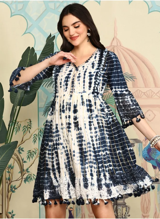 ISHIN Aline Fit Self Design Pattern V-Neck Neck Three-Quarter Sleeves Indigo Colour Knitted Cotton Dresses for Women with Semi Elastic Closure - Unmatched Grace and Comfort