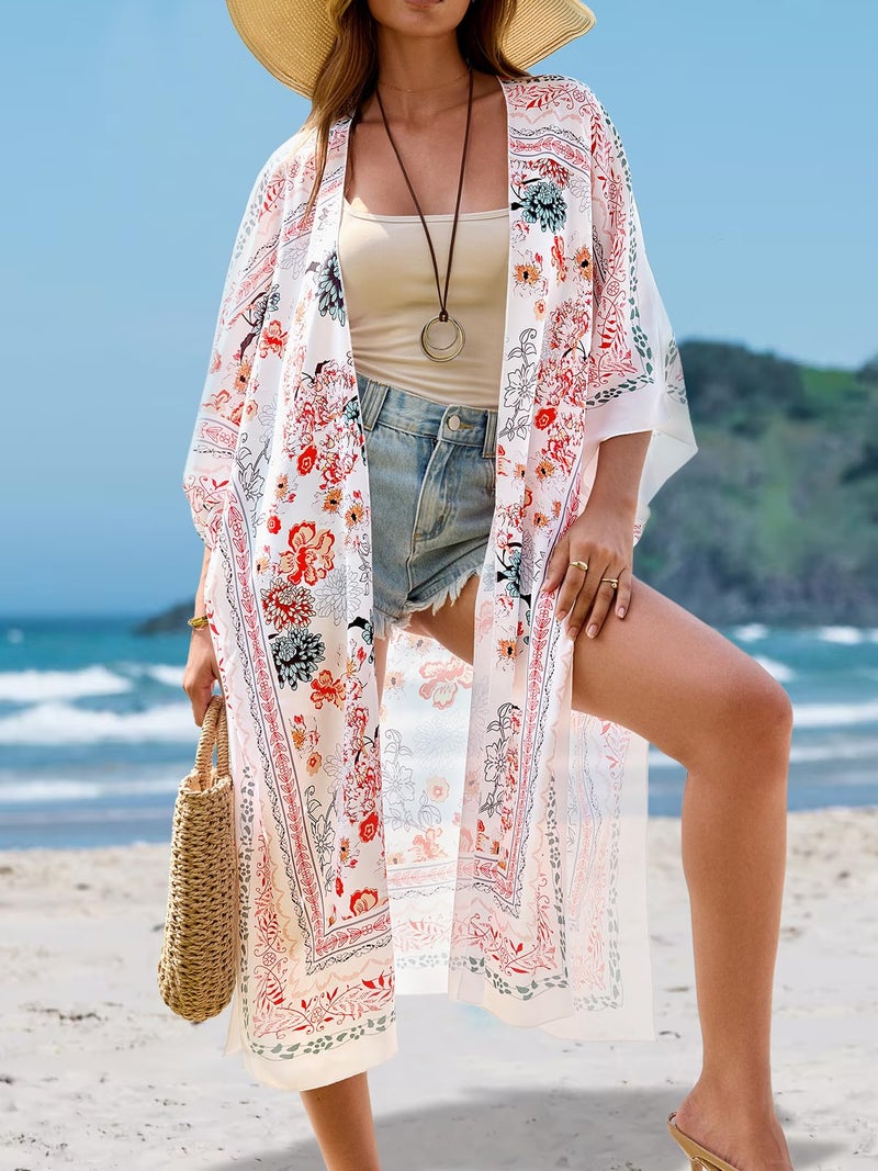 Maybuy Women's Boho Long Floral Kimono Cardigans Beach Chiffon Summer Cardigan Dusters Plus Size Flowy Open Front Swimsuit Cover Up 3XL - Image 5