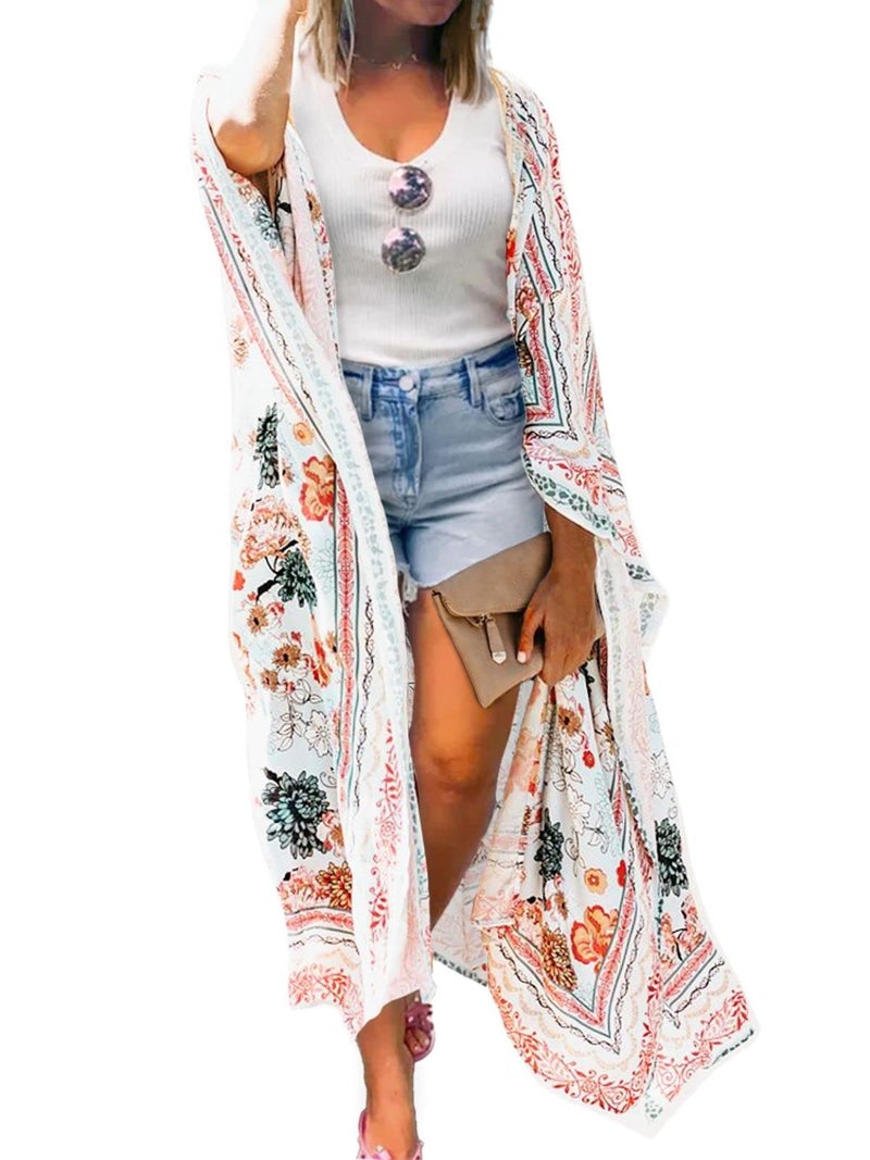 Maybuy Women's Boho Long Floral Kimono Cardigans Beach Chiffon Summer Cardigan Dusters Plus Size Flowy Open Front Swimsuit Cover Up 3XL - Image 1