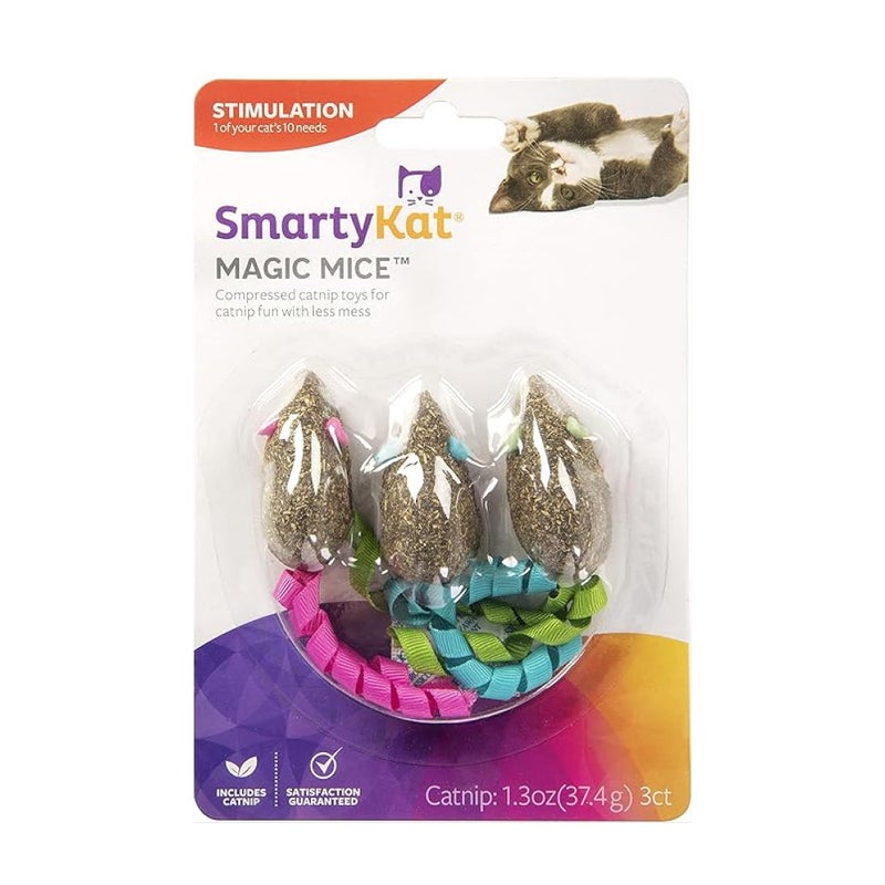 SmartyKat Magic Mice Compressed Catnip and Ribbon Cat Toys, Mess-Free for Hunting & Batting Fun for Cats & Kittens, Set of 3 - Image 1