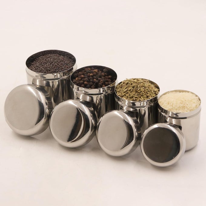 STAINLESS STEEL UTENSIL VERTICAL CANISTERSFOOD GRADE JARSKITCHEN DABBIUBHA DABBASTORAGE CONTAINER SET OF 4 NETWEIGHT460CAPACITY 140G 170G 220G AND 280GDEEP DABBA APPLE SET OF 4