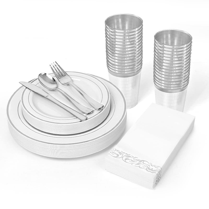 BAYZZ 175Pcs Silver Plastic Dinnerware Set 50 Rim Plates  25 Silverware  25 Cups  25 Napkins 25 Guest Disposable Dinnerware for Wedding