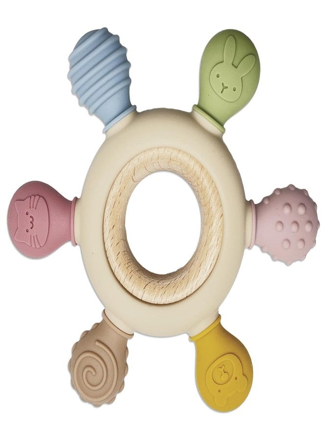 GONIPIMI Silicone Teething Toys, Natural Wooden Ring with Silicone Teething Cover, Teething Toys for Babies 0-6 Months, BPA Free, Infant Toys for Teething Relief, Baby Chew Toys, Wooden Baby Toy Gifts - Image 1