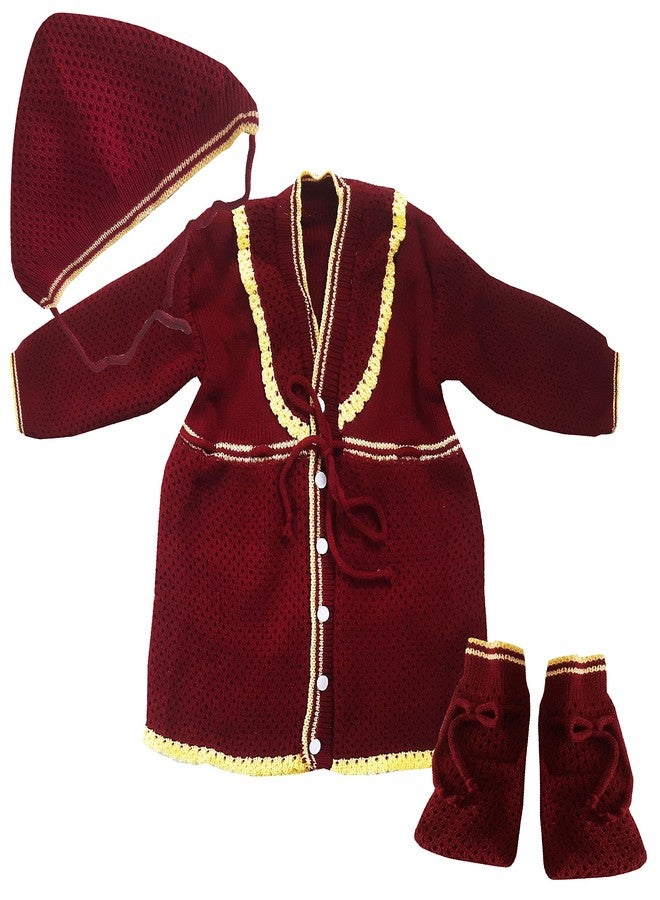 little PANDA Baby Girls Sweater Winterwear Dress with Cap and Booties Set Full Sleeves Sweater for Born Baby Girls (0-6 Months, Maroon) - Image 1