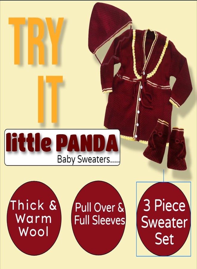 little PANDA Baby Girls Sweater Winterwear Dress with Cap and Booties Set Full Sleeves Sweater for Born Baby Girls (0-6 Months, Maroon) - Image 2