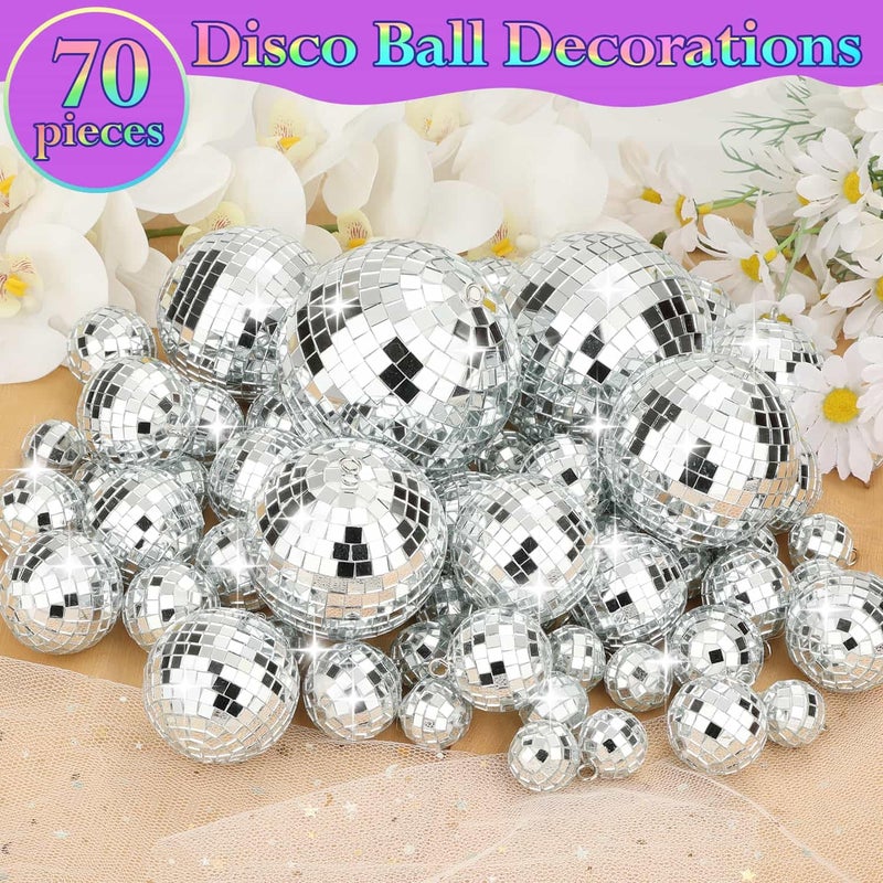 Flasoo 70 PCS Disco Ball, 5 Sizes Disco Ball Ornaments, 4/3.2/2.4/2/1.2 Inch Hanging Mirror Ball, Mini Disco Balls Cake Topper Disco Themed Party Wedding Christmas Tree Decor Holiday Party Supplies - Image 3