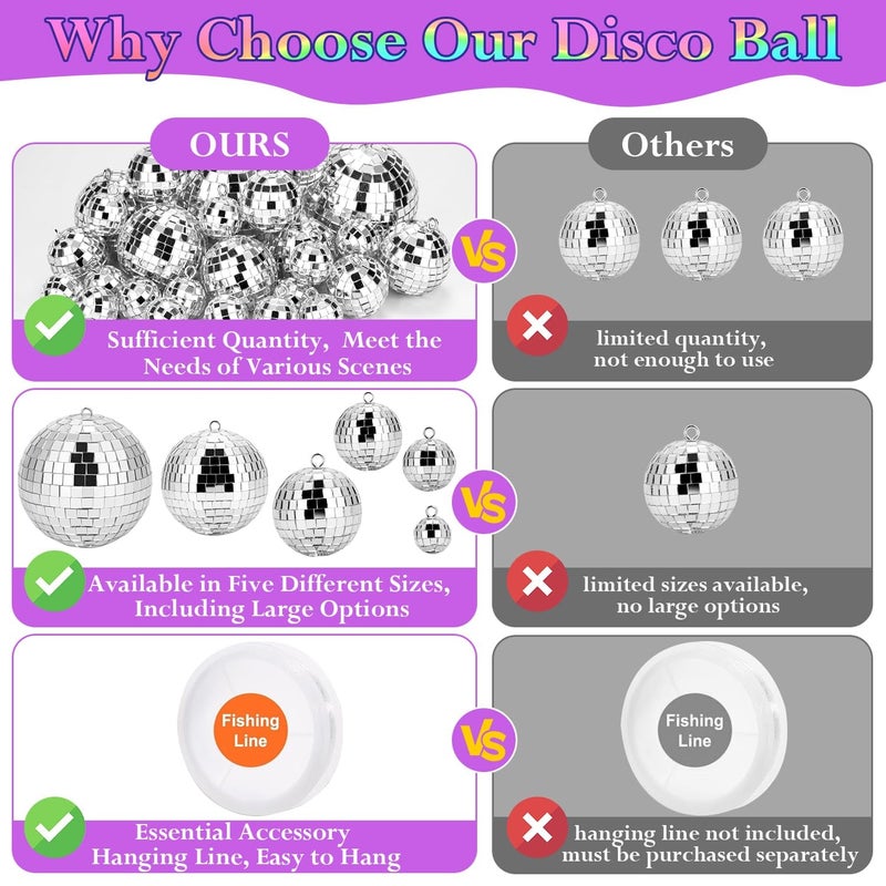 Flasoo 70 PCS Disco Ball, 5 Sizes Disco Ball Ornaments, 4/3.2/2.4/2/1.2 Inch Hanging Mirror Ball, Mini Disco Balls Cake Topper Disco Themed Party Wedding Christmas Tree Decor Holiday Party Supplies - Image 2