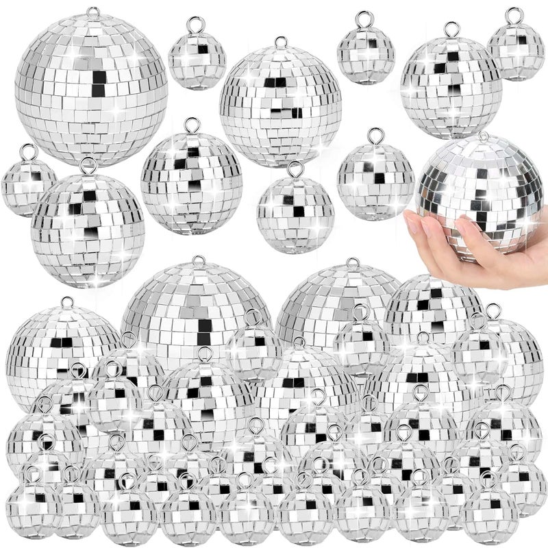 Flasoo 70 PCS Disco Ball, 5 Sizes Disco Ball Ornaments, 4/3.2/2.4/2/1.2 Inch Hanging Mirror Ball, Mini Disco Balls Cake Topper Disco Themed Party Wedding Christmas Tree Decor Holiday Party Supplies - Image 1