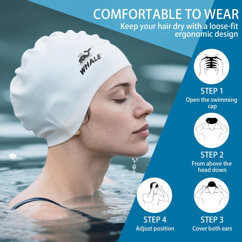 WHALE Extra Large Swim Cap for Women Men Non-Slip, High Elasticity Keeps Hair Dry Unisex Large Size Suitable for Long Hair, Curly Hair and African Dreadlocks (White) - Image 3