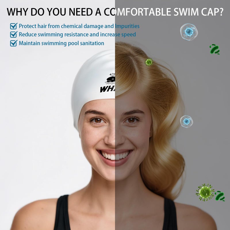 WHALE Extra Large Swim Cap for Women Men Non-Slip, High Elasticity Keeps Hair Dry Unisex Large Size Suitable for Long Hair, Curly Hair and African Dreadlocks (White) - Image 2