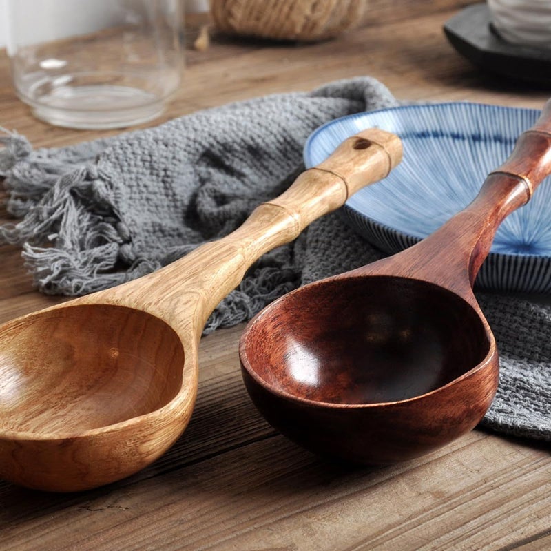 2Pcs Wooden Water Ladle and Cooking Spoon Set Multipurpose Kitchen Scoop Natural Wood Random Color - Image 5