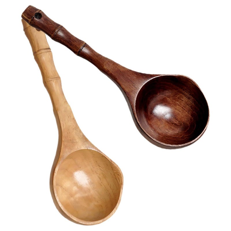 2Pcs Wooden Water Ladle and Cooking Spoon Set Multipurpose Kitchen Scoop Natural Wood Random Color - Image 2