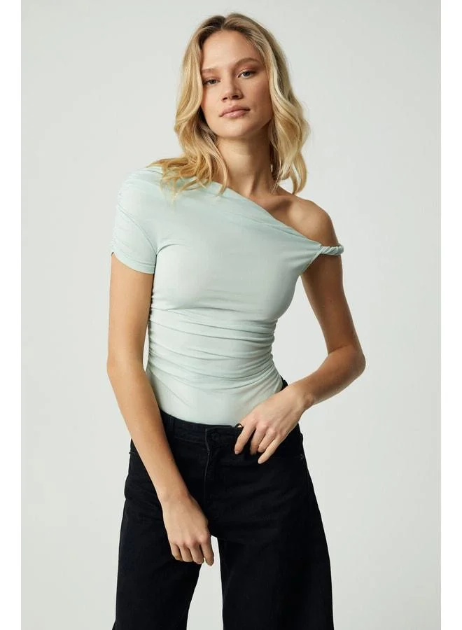 Grimelange BURENTY Women's Asymmetric Neckline Slim Short Sleeve Mint Green Blouse.