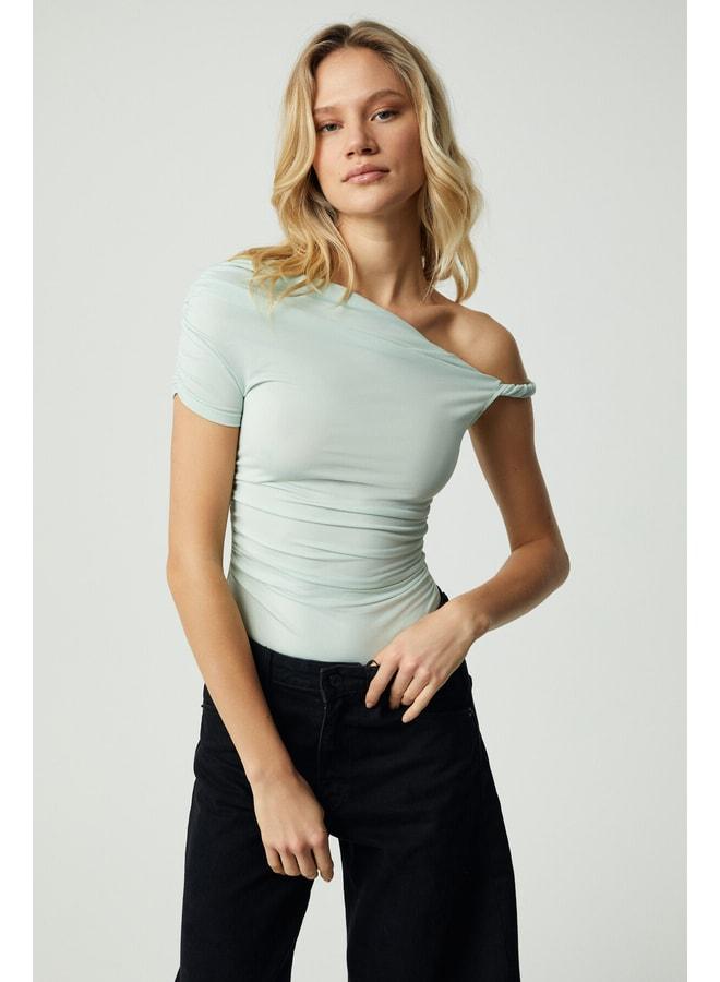 GRIMELANGE BURENTY Women's Asymmetric Neckline Slim Short Sleeve Mint Green Blouse. - Image 1