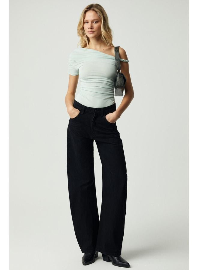GRIMELANGE BURENTY Women's Asymmetric Neckline Slim Short Sleeve Mint Green Blouse. - Image 2