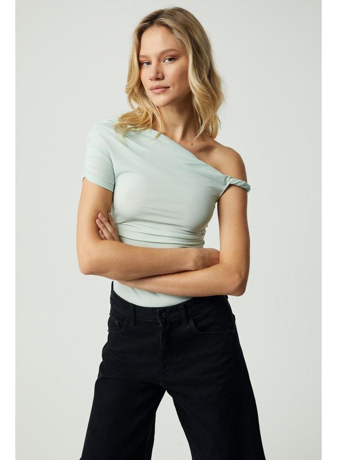 GRIMELANGE BURENTY Women's Asymmetric Neckline Slim Short Sleeve Mint Green Blouse. - Image 3
