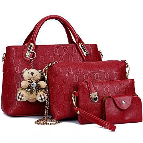 FiveloveTwo Women 4 Pcs Top Handle Satchel Hobo Handbag Set Tote +Purse +Shoulder Bag+Card Holder Red - Image 5