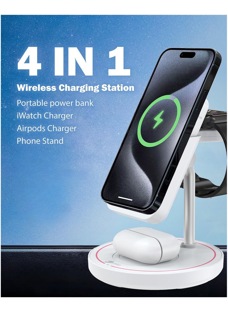 SKA 4-in-1 Magnetic Wireless Charging Station – 10W Fast Charge & 5000mAh Power Bank – USB-C, USB-A – Compatible with iPhone 16/15/14, AirPods, Apple Watch, Samsung – White  - Image 2
