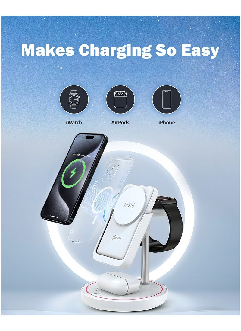 SKA 4-in-1 Magnetic Wireless Charging Station – 10W Fast Charge & 5000mAh Power Bank – USB-C, USB-A – Compatible with iPhone 16/15/14, AirPods, Apple Watch, Samsung – White  - Image 4