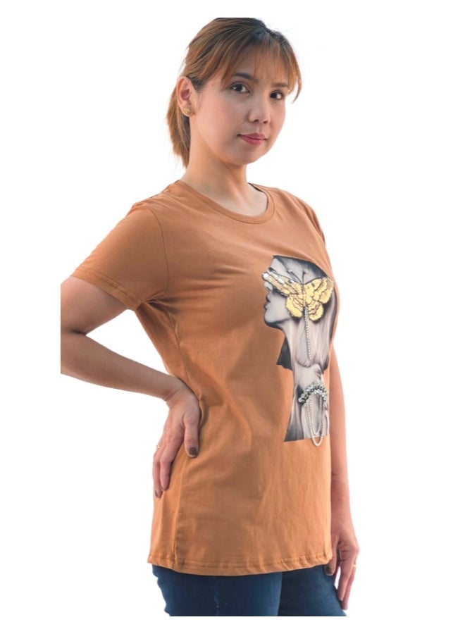 JOANNA W203012 Women's Lady With Butterfly Print Round Neck Short Sleeve T-Shirt - Brown - L - Image 2