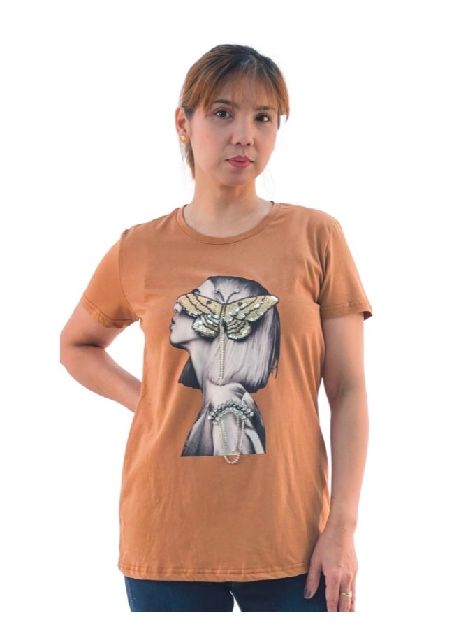 JOANNA W203012 Women's Lady With Butterfly Print Round Neck Short Sleeve T-Shirt - Brown - L - Image 1