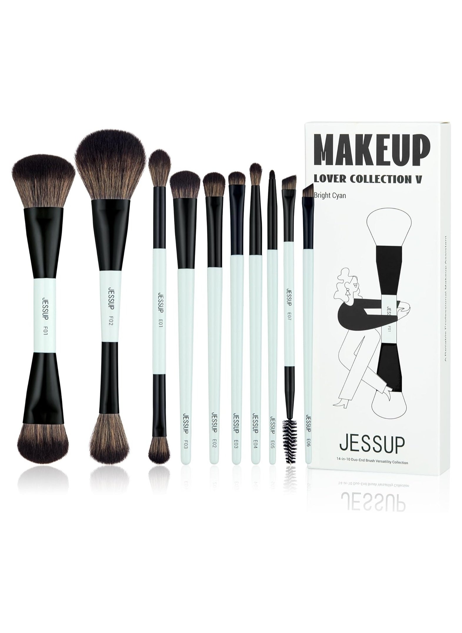 Jessup Jessup Makeup Brushes Set 10pcs, Double Sided Foundation Contour Blush Highlight Blending Eyebrow Brush Eyeshadow Eyeliner Concealer Brush, Bright Cyan Cruelty Free Cosmetic Tools T500 