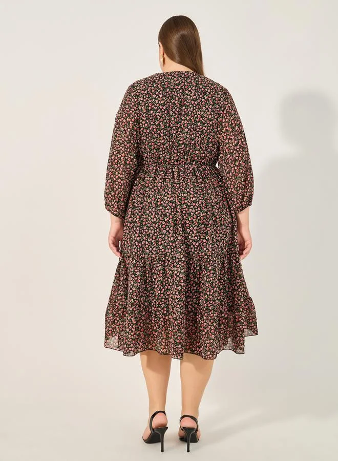 Styli Styli Plus Size Floral Print V Neck A-Line Midi Dress