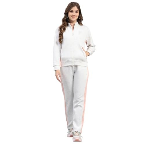 Monte Carlo Womens Regular Fit Printed Mock Collar Full Sleeve Winter Tracksuit Sportswear Set with Jacket and Lower | Comfortable Activewear for Gym Running & Training Off White M - Image 1