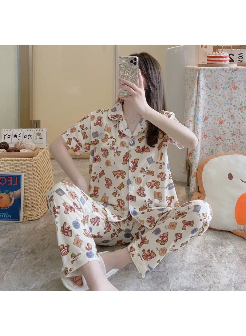 DubaiGallery Women Pyjamas Set PJ Ladies Silk Satin Short Sleeve Print Button Up Loungewear