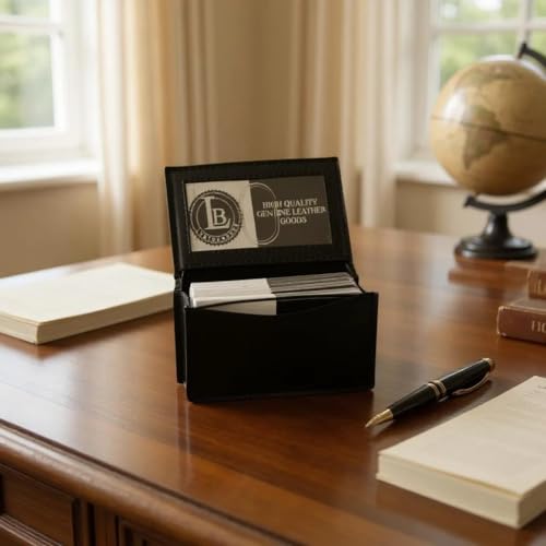 LB LEATHERBOSS Leatherboss Genuine Leather Business Card Holder Wallet | Expandable Pocket, Credit Card & ID Slots | Stylish & Compact | Black - Image 2