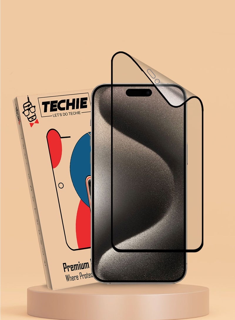 Techie واقي شاشة سيراميك غير لامع من Techie Full Cover 9H Hardness لهاتف Apple iPhone 15 Pro Max - مضاد للانفجار ومضاد للخدش ومضاد لبصمات الأصابع - Image 1