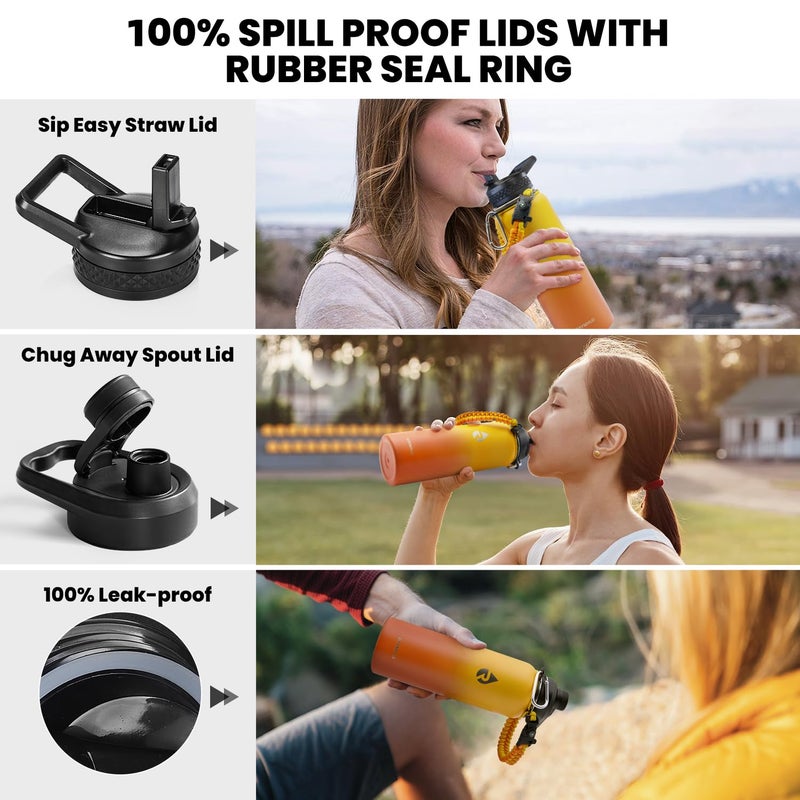 RAYMYLO RAYMYLO Insulated Water Bottle 40 oz  Triple Wall Vacuum Stainless Steel (Cold for 48 Hrs)  Leak Proof & Non-BPA  Modern Water Flask Jug with Paracord Handle & Straw Spout Lids  Ombre Orange  - Image 3