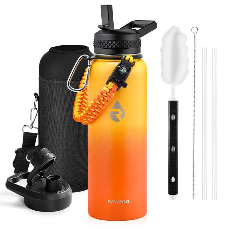 RAYMYLO RAYMYLO Insulated Water Bottle 40 oz  Triple Wall Vacuum Stainless Steel (Cold for 48 Hrs)  Leak Proof & Non-BPA  Modern Water Flask Jug with Paracord Handle & Straw Spout Lids  Ombre Orange  - Image 1