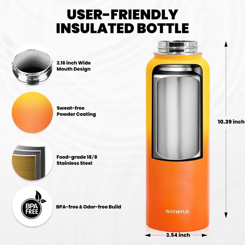 RAYMYLO RAYMYLO Insulated Water Bottle 40 oz  Triple Wall Vacuum Stainless Steel (Cold for 48 Hrs)  Leak Proof & Non-BPA  Modern Water Flask Jug with Paracord Handle & Straw Spout Lids  Ombre Orange  - Image 5