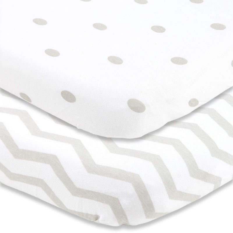Cuddly Cubs Cradle Sheets Fitted 18 x 36  Fits Most Bedside Sleeper Bassinets Without Bunching Mattress Pad  Snuggly Soft Jersey Cotton  Grey Dots Chevron  2 Pack