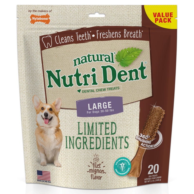 Nylabone Nutri Dent Dog Dental Chews Natural Dog Teeth Cleaning Breath Freshener Dental Treats for Dogs Filet Mignon Flavor Large 20 Count