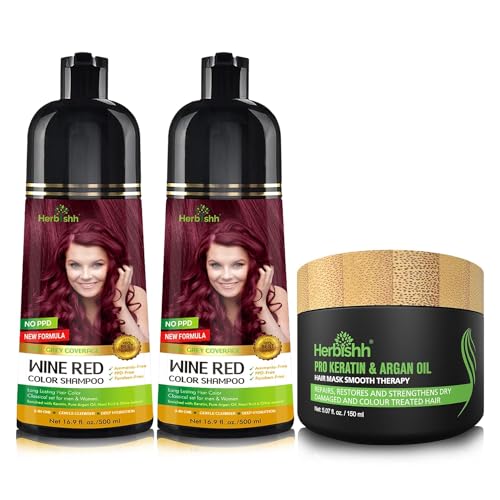 Herbishh Wine Red Hair Dye Shampoo 500ml x2 + Argan Intense Hair Mask, 3-in-1 Hair Color Shampoo for Gray Hair, Ammonia-Free, Long-Lasting Color, For Dry, Frizzy Hair, Men & Women - Image 1