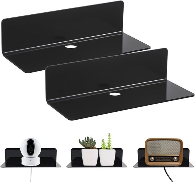 HANGING FLOATING WALL MOUNT DISPLAY L SHAPE WALL SHELF ACRYLIC WALL RACK SHELF FOR LIVING ROOM DECORATION SHOWCASE AND FOR STORAGE MATTE FINISH BLACK SET OF 4