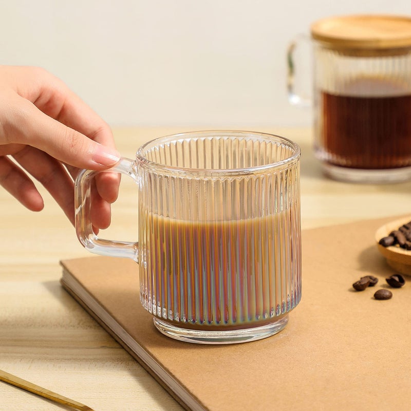 Lysenn Iridescent Glass Coffee Mug with Lid - Premium Classical Vertical Stripes Glass Tea Cup - for |Latte|Tea|Chocolate|Juice|Water| - Unleaded - Bamboo Lid - 12.5 Ounces - Image 3